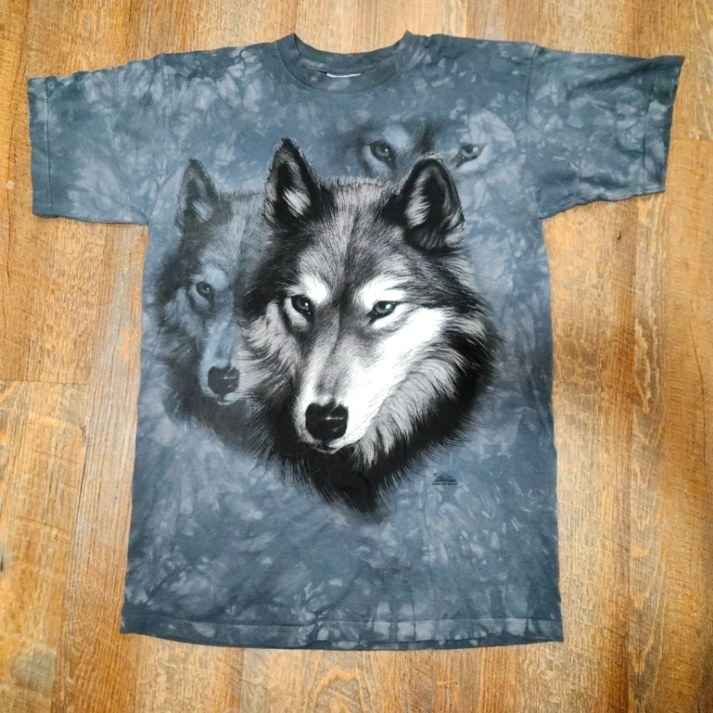 Vintage 2002 The Mountain Tie Dye White Grey Wolf  Wild life USA T Shirt Size L